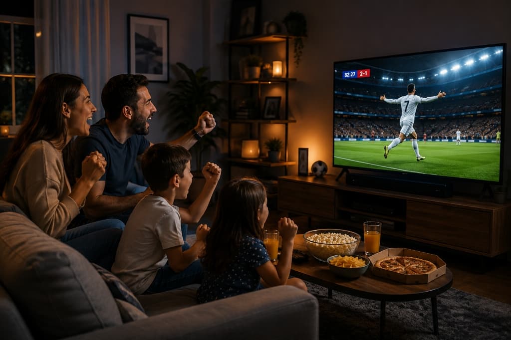 Family cheering watching live 4K US and worldwide sports and movies with AvelaTV IPTV